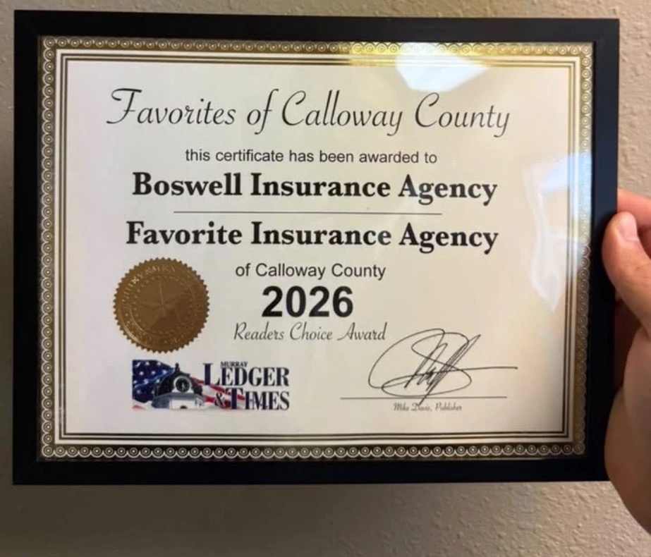 The framed 2026 Favorites of Calloway County certificate from the Murray Ledger & Times, naming Boswell Insurance Agency the Favorite Insurance Agency of Calloway County