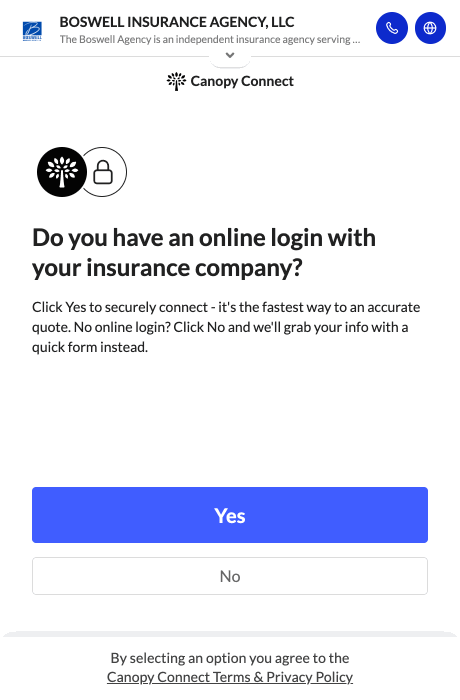 Walkthrough of the Boswell Insurance Agency Canopy Connect intake: answering the online-login question, searching for your insurance company, and reaching your carrier's secure login screen.